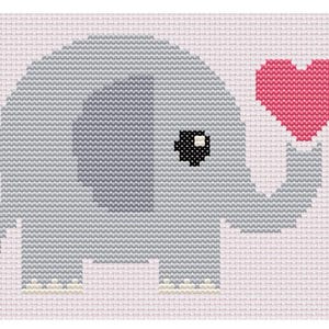 May include: A gray elephant holding a pink heart in its trunk. The elephant has a black eye and is standing on a pink background.