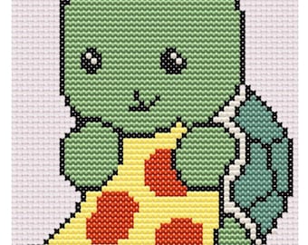 Turtle Eating Pizza Downloadable PDF Counted Cross Stitch Pattern ~ DIY ~ Easy ~ Beginners