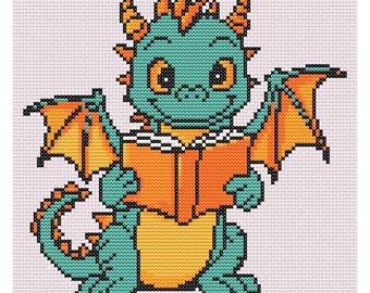 Baby Dragon Reading a Book Downloadable PDF Counted Cross Stitch Pattern ~ DIY ~ Easy ~ Beginner