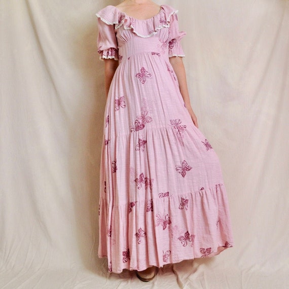 70s maxi dress, butterfly print, cotton maternity,