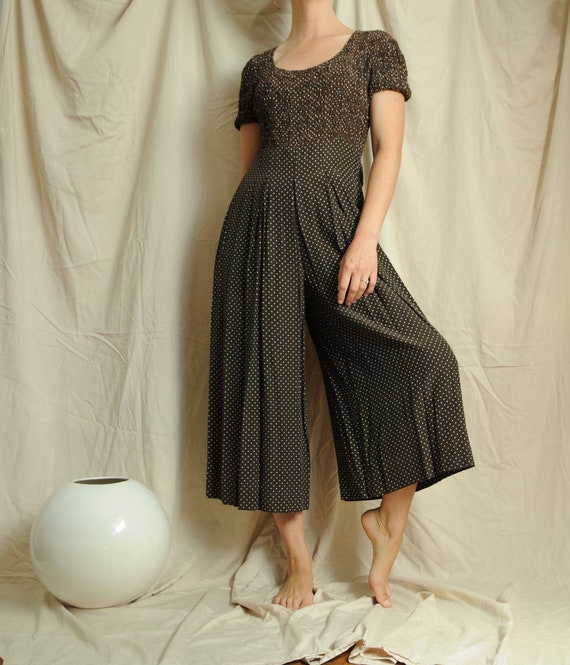 S M 90s chocolate brown polkadot jumpsuit, Ruched… - image 1