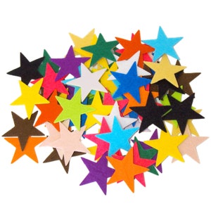 May include: A pile of colorful felt stars in various shades of red, orange, yellow, green, blue, purple, and brown. The stars are arranged in a random pattern and are all the same size.