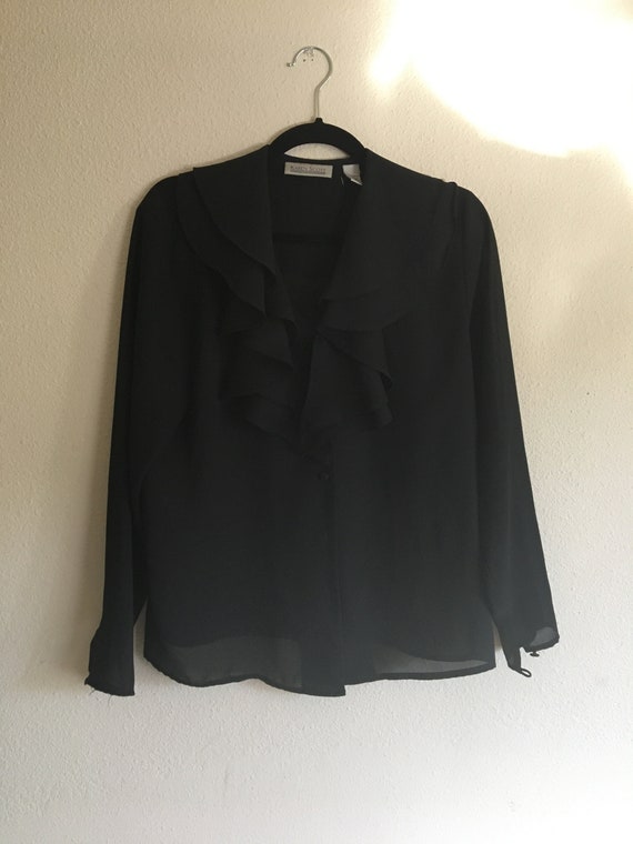 Vintage 90s Sheer Black Ruffle Blouse by Karen Sc… - image 2