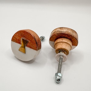 Round Wooden & White Stone w Gold Natural Knob Hardware Drawer Furniture Cabinet Pull Knob