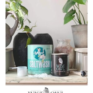May include: Two cans of Wise Owl paint, one labeled "Saltwash" and the other "Wise Owl Chalk Synthesis Paint". The Saltwash can features a vintage illustration of a woman in a swimsuit. The Wise Owl can features a black and white illustration of an owl.