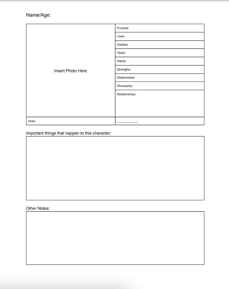 Character Profile Template Etsy