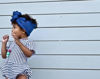 Denim head-wrap, turbans, toddler turban, baby denim headband by King and Lola Kids