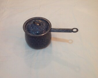 1950's Enamelware Splatterware Blue & White Pot, Farmhouse Kitchen Decor.