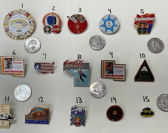 Lot Of 15 Vintage Pins 14 Olympic & One 1964 DC Comics Batman Pin ~ Sydney Australia Coca Cola Salt Lake 2002 Kodak Budweiser Park City Utah
