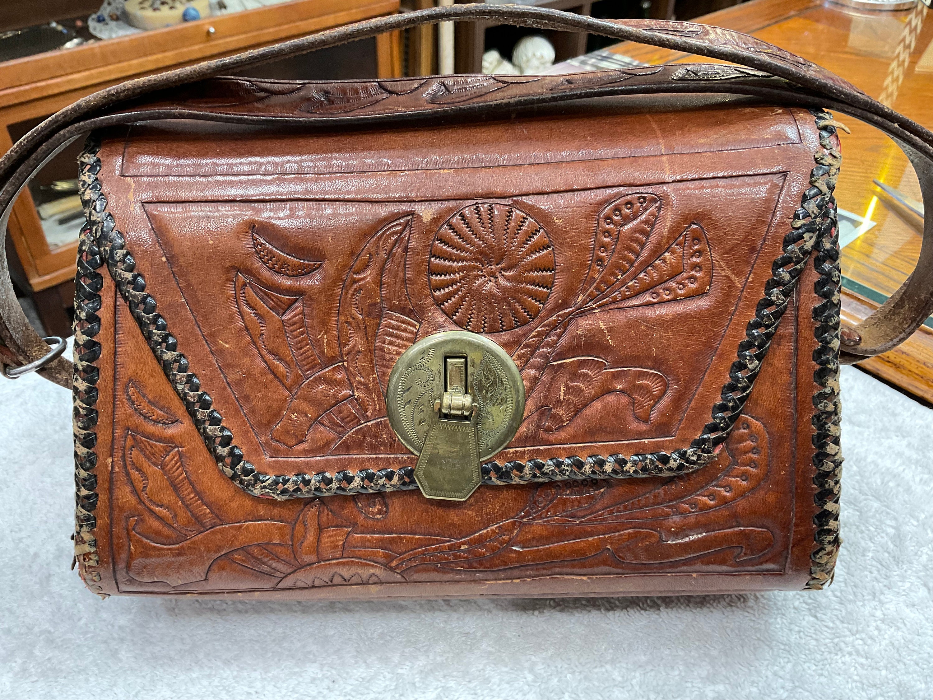 Beautiful 1950's Hand Tooled Leather Purse With Adjustable Strap