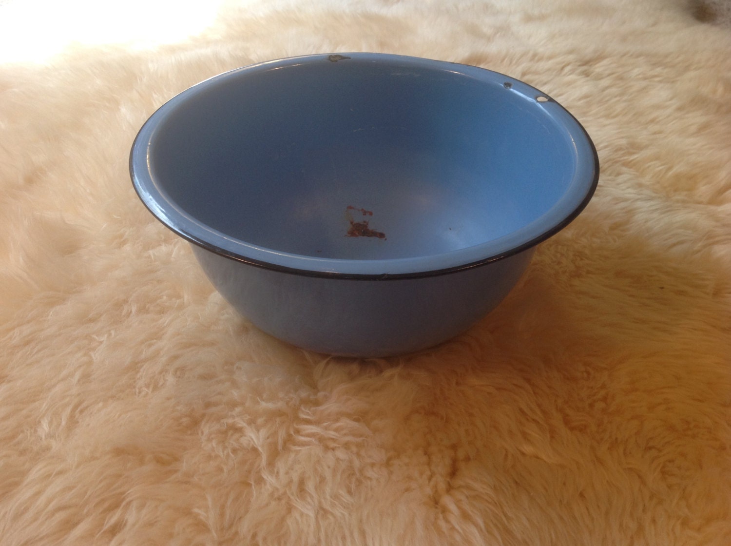 1950's Large Robin Egg Blue With Black Trim Enamelware Bowl ~ 12" X 5 1/4"