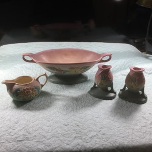 Set Of 4 1940&#39;s Era Hull Art USA Pottery 2 - Candlestick Holders Marked &quot;27-4&quot; ~ 1 - Console Marked &quot;26 12 1/2&quot; ~ 1 Creamer Marked &quot;L-19-5&quot;