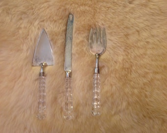 Elegant Unused 1960's Silver Plated Glass Handled Wedding Serving Set, Server, Knife, Fork, Ornate Wedding/Anniversary Serving Set.