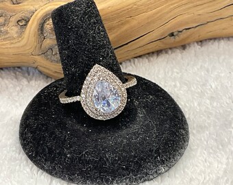 NOS Mint Condition/Unworn Stamped &quot;925&quot; Aquamarine Colored CZ Teardrop Shape Ring ~ Size 9 ~ 4 Grams ~