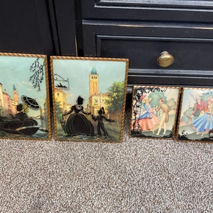 Benton Glass Co 1930&#39;s Set Of 4 Convex Bubble Glass Reverse Painted Black Silhouette Framed Colorized Litho Prints ~ 2- 8&quot; x 6&quot; 2- 5&quot; x 4&quot; ~