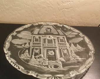 1990's Large Christmas Scene Frosted Glass Platter ~ Sleigh Ride Christmas Glass Platter ~ Christmas Cookie Platter ~ Hoilday Glass Platter