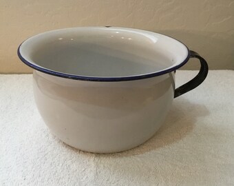 1960's German White Black & Blue Porcelain Enamelware Pot With Handle ~ Made In Germany Enamelware Porcelain Pot ~