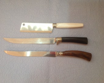 Lot Of 3 1970's Sheffield England Knifes With Bakelite Handles ~ 2 Slicer Knifes ~ 1 Meat Cleaver Knife ~