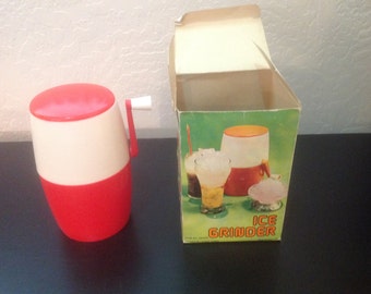 1960's NOS Made In Hong Kong Plastic Ice Shaver w/ Original Box ~ Retro Barware ~ Hand Crank Ice Crusher ~ Red & White Plastic Ice Holder ~