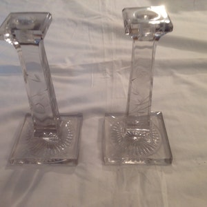 Vintage Pair Of Heavy Glass With Etched Roses Candlestick Holders, Farmhouse Candlestick Holders.