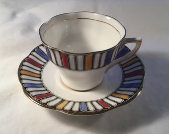 1960's Near Mint Condition ROSINA #4964 Made In England Bone China Cup & Saucer Set Multi-Colored Band Design