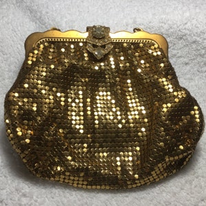 Vintage Circa 1940&#39;s Whiting & Davis Gold Tone Mesh Purse W/ Rhinestones~ Mesh Flapper Bag ~ Mesh Wristlet ~ Mesh Handbag ~ Mesh Evening Bag