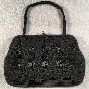 Near Mint Condition Elegant 1930&#39;s Black Beaded Handbag Clutch Purse Evening Bag Made In Japan