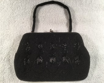 Near Mint Condition Elegant 1930's Black Beaded Handbag Clutch Purse Evening Bag Made In Japan