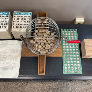 1950's Wood Metal Gaming BINGO Number Lottery Cage Game With 75 Original Wooden Balls 97 Heavy Board Cards With Instructions & Much More!!