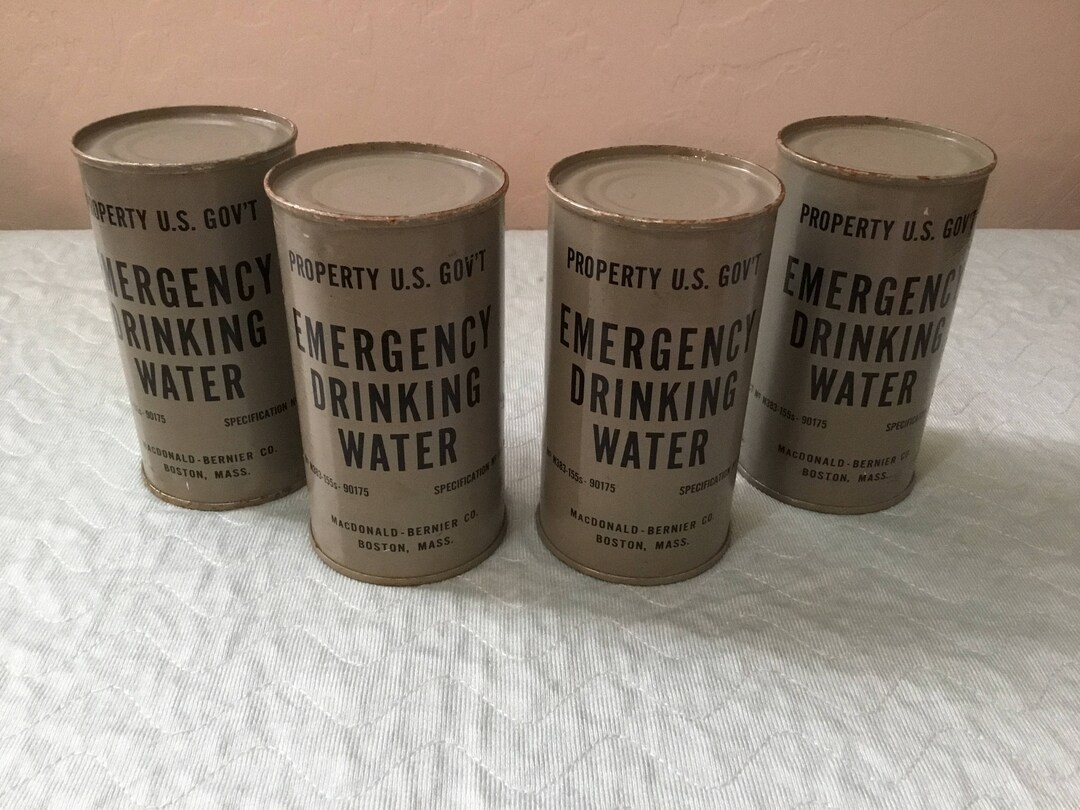 Lot of 4 1953 Unopened Cold War Civil Defense Bomb Shelter US Government Emergency  Drinking Water Cans Macdonald Bernier Co Boston Mass 