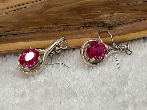 Beautiful Pair Of 1970's Lab Created Red Ruby Dro… - image 2