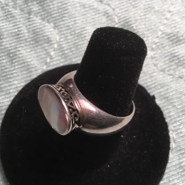 1960's Marked/Stamped “925” & “NF" Sterling Silver Mother Of Pearl Ring. Size 7 1/4.