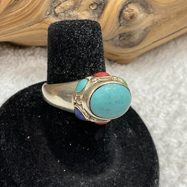 Sterling .925 Turquoise/Coral/Blue Lapis/Shell Multi-Stone Ring Stamped "SE 925 THAILAND"~ Size 6 ~ 5 Grams ~ In Near Mint Condition!! ~