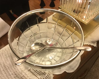 1970's Near Mint NOS Italian Cut Glass Crystal Salad Bowl With Silver Plated Rim & Italian Silver Plated Serving Spoon And Fork Set