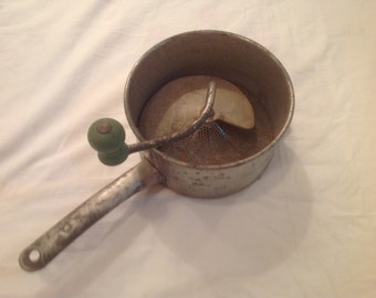 1930's Steel Sifter With Round Green Knob Wood Handle, Masher/Ricer/Food Grinder.
