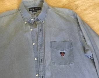 Vintage 1990's Ralph Lauren Faded Denim Long Sleeve Shirt Made In Mauritius 100% Cotton Size XL