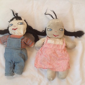 2- Early 20th Century Sock Dolls, Dolls, Doll, Sock, Folk Art Dolls.