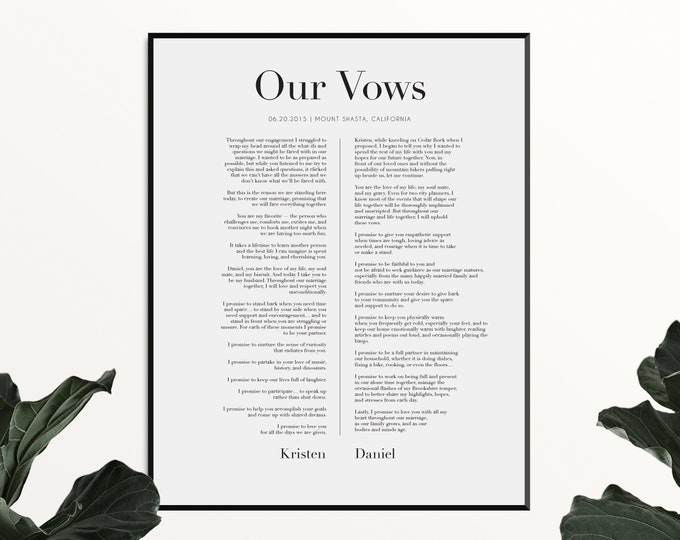 Wedding Vows in Wooden Frame - Personalized custom wedding vows print. Printed and shipped with optional frame