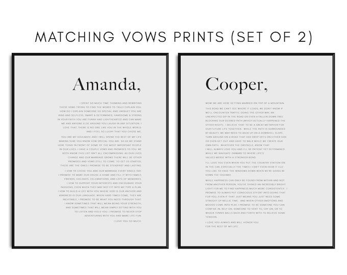 Matching Bride and Groom Wedding Vows Prints - Printed Wall Art with optional frame