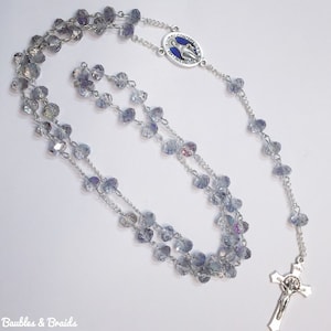 Gorgeous silver blue crystal bead handmade Catholic rosary