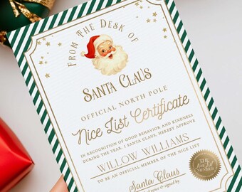 May include: A Santa Claus Nice List Certificate held by a person with red nail polish. The certificate has a green and white striped border and features the text "FROM THE DESK OF SANTA CLAUS" and "Nice List Certificate". Red and green wrapped gifts surround the certificate.