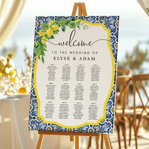 Plano de asientos para boda Positano Lemon, diseño de azulejos azules (descarga digital)