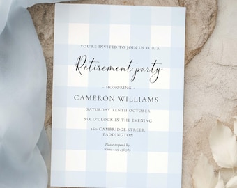 Editable Retirement Party Invitation, Printable Blue Gingham Leaving Party Invitation Template, Unisex Retirement Invite