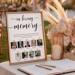 Placa personalizada com foto para homenagem póstuma, memorial de casamento moderno (para imprimir), fonte Leyton Script.