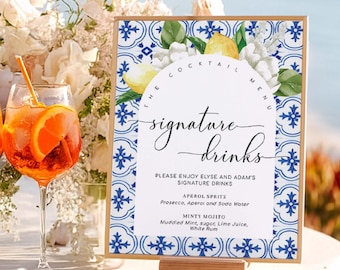Mediterranean Wedding Signature Drinks Sign Printable Template, Blue Tile Lemons (Digital Download) The Med
