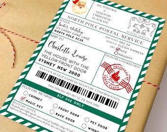 May include: A Christmas-themed package wrapped in brown paper, tied with red and white twine, and featuring a North Pole Postal Service label. The label includes Santa Claus imagery, delivery details, and a delivery confirmation section.