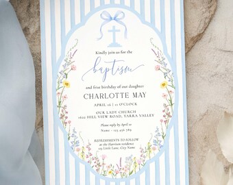 Printable Baptism and First Birthday Invitation, Spring Wildflowers Florals Blue Stripe, Posey