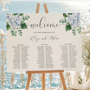 Editable Seating Chart, Blue Hydrangea Wedding 3 Banquet Table Plan, Wedding Welcome Sign, Seating Plan Poster, Ferras Blossom