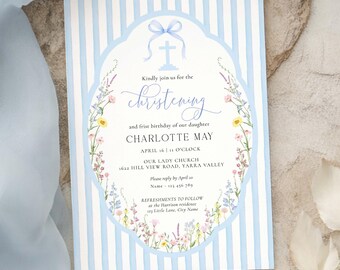 Printable Christening and First Birthday Invitation, Spring Wildflowers Florals Blue Stripe, Posey