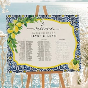 Druckbare Hochzeit 3 Bankett Tischplan, italienisches Thema, Positano Blue Tile Lemon Sitzplan, Sitzplan Poster, Gästeliste Sitzschild
